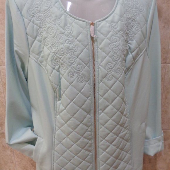 Dennis Basso Faux Leather Quilted Jacket Embroidery Mint Color Size L Chic - Picture 7 of 10